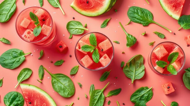 Watermelon juice, slices, and spinach leaves. Top view, flat layout.Glass of tasty pomegranate juice with splashes and fresh fruits isolated on white background
