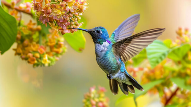 Blue hummingbird hovering in mid-air while extracting nectar from orange and yellow blossoms