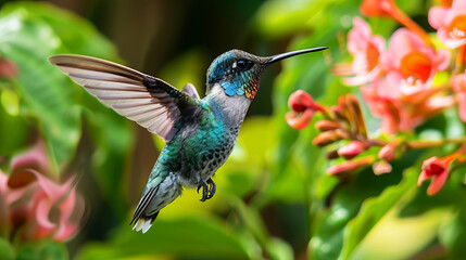 Obraz premium Vivid hummingbird with spread wings visiting bright pink flowers on a lush green backdrop