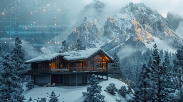 An exquisite modern mountain chalet, illuminated from within, nestles among snowy pines at dusk, with the rugged mountain peaks serving as a dramatic backdrop.