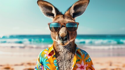 a kangaroo in the beach with sunglasses and Hawaiian shirt. - obrazy, fototapety, plakaty
