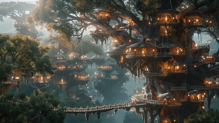 An enchanted tree village comes alive at dusk, its myriad of lanterns casting a warm glow over ornate wooden homes nestled among the branches.