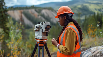 A female land surveyor working with a theodolite robot on a tripod. Agricultural expert - obrazy, fototapety, plakaty