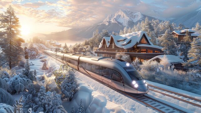 A modern, sleek train glides through a breathtaking alpine landscape, draped in snow and kissed by the warm glow of a sunrise.