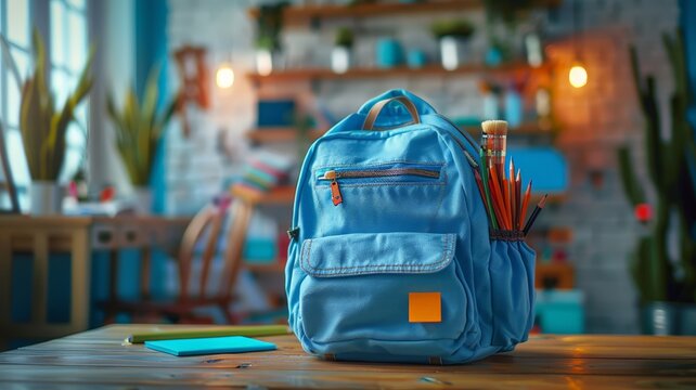 Turquoise backpack ready for school with colorful stationery on desk