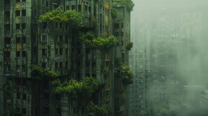 A hauntingly beautiful scene where nature reclaims an urban high-rise, its lush greenery piercing through the misty veil that envelops the cityscape.