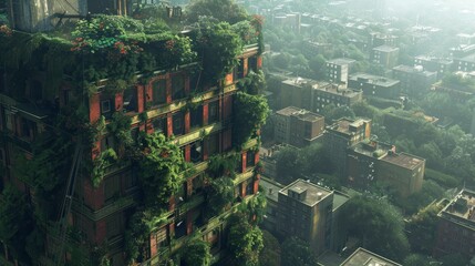 Fototapeta premium A visionary urban apartment building transforms into a vertical garden, with verdant foliage and vibrant flowers enveloping its red-brick facade.