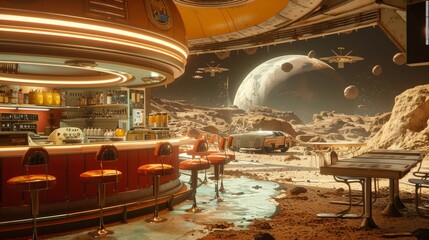 Futuristic retro-style diner with stools and counters, overlooking a panoramic view of outer space and planets.