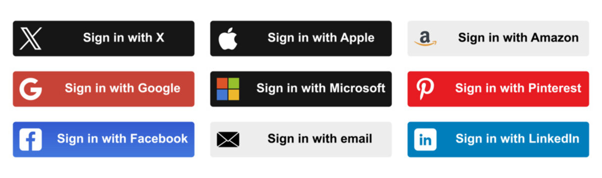 Sign in with X, Google, Facebook, Apple, Microsoft, Email, Amazon, Pinterest, LinkedIn Button Set Icons. Ui Sign. Vector Illustration