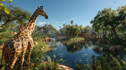 Obraz premium A majestic giraffe stands tall and serene by a waterhole in a lush, verdant safari park with other wildlife roaming nearby.