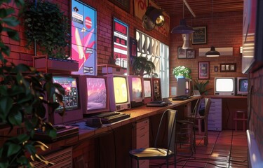 An immersive 3D depiction of a 1990s internet cafe, with bulky CRT monitors and early web design posters - obrazy, fototapety, plakaty