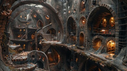A captivating steampunk subterranean city illuminated by warm lights, featuring intricate architecture with gears and staircases.
