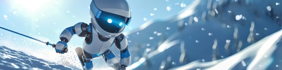Obraz na płótnie Canvas 3D robot as a ski instructor, sliding down slopes with ease, its eyes glowing warmly against the snowy backdrop