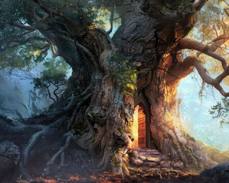 Magical ancient tree with mystical door in lush green forest