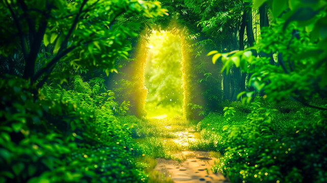 Beautiful fantasy magical door in the middle of a dense forest, with bright light emanating from it, surrounded by green leaves and plants along the path leading to that magic portal.