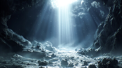 Cave environment, ground covered with rocks and dust in an abyss of darkness, beam of light shining down from the sky above the cave - obrazy, fototapety, plakaty