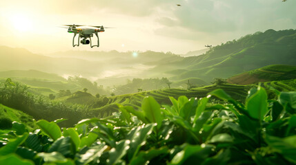 Drone flying over a tea plantation in a mountainous area, tea garden landscape with a misty morning light, technology and agriculture Concept - Powered by Adobe