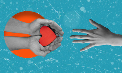 Modern art collage depicting human hands holding a heart. Contemporary design. Holidays and love