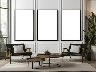Mockup frame in cosy dining room interior,table and chairs wooden,white walls,elegant interior, Generative AI
