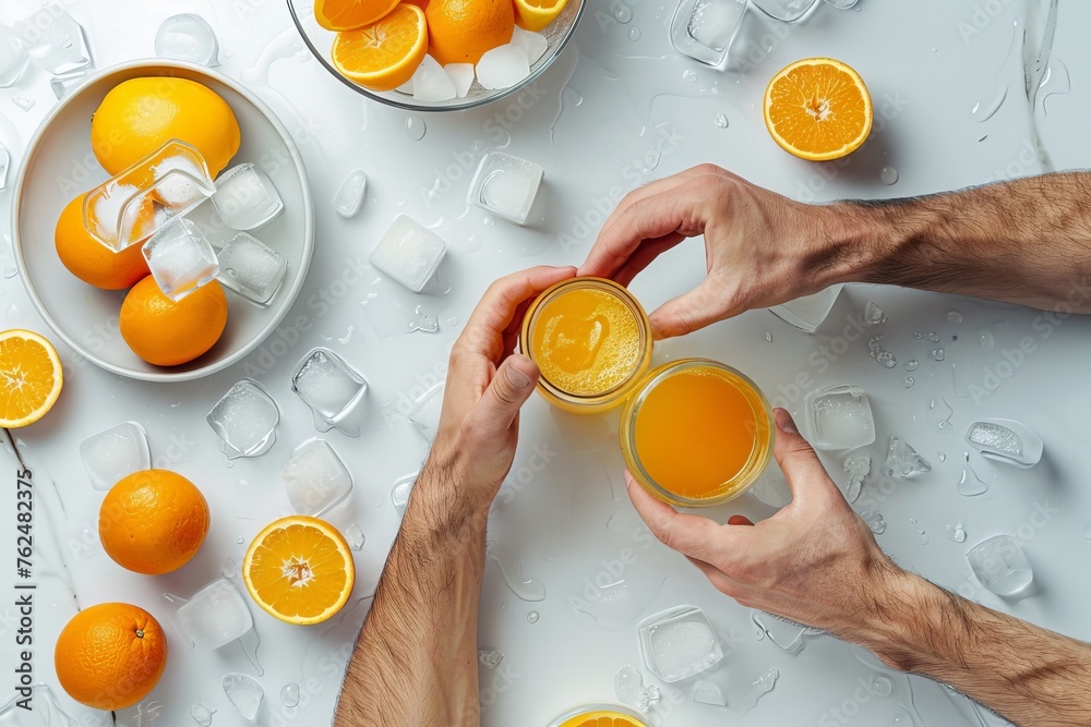 Wall mural Detail of man preparing orange juice with ice on white table with fruit and a bowl with ice around it. Top view. Horizontal composition.