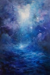 Shimmering particles in a celestial sea, where light and water merge into an ethereal realm