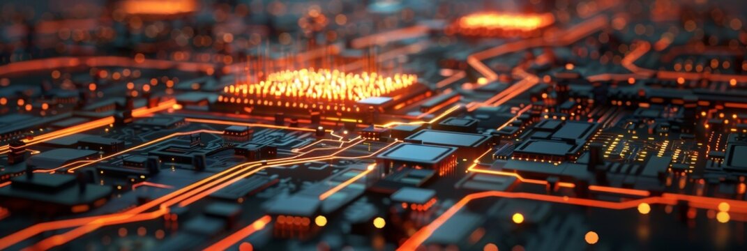 Futuristic circuit board maze glowing with data flow, the heart of machine intelligence