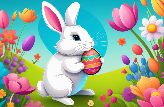 Happy Easter greeting card with cute colorful eggs, bunny and rabbit. Animal wildlife holiday cartoon character. Web poster, flyer, stylish brochure, greeting card, cover.