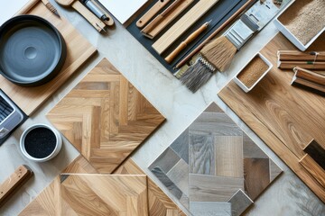 Detail of materials and tools on the white work table of a parquet installer. Top view.
