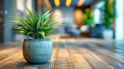 Green plant in pot on the wooden table in coffee shop.