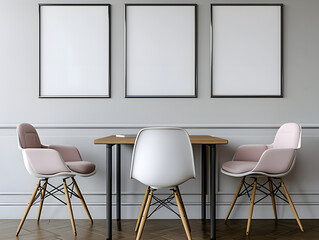 Mockup frame in cosy dining room bar Home interior,table and chairs wooden,midday,white walls,minimalist interior, Generative AI