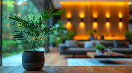 Flower pot on wooden table in coffee shop with blur background.