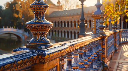 A photo of the Plaza de España in Seville, with ornate bridges as the background, during a sunny day