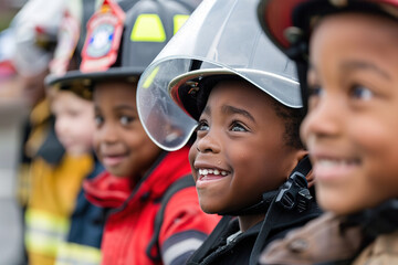 Children wearing firefighter helmets look on with admiration and joy.