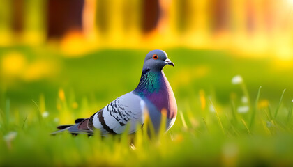 A close-up of a pigeon standing on grass with a blurred forest in the background