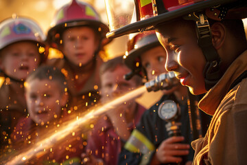 Fototapeta na wymiar A young firefighter in gear with children watching sparks fly from a hose.