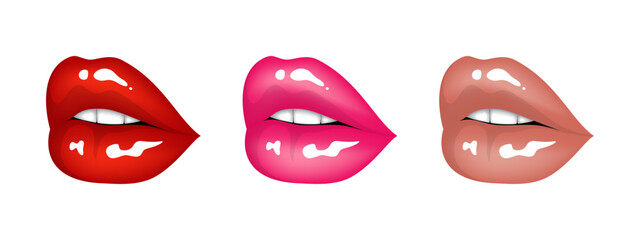 Beautiful sexy plump glossy erotic female lips in red, pink and beige nude colors. Set of isolated vector illustrations on white background