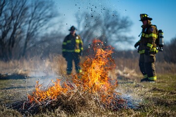 Firefighters monitor a controlled blaze in a field.