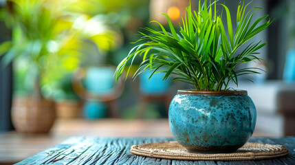 Indoor plant in blue ceramic pot on wooden table with blurred background