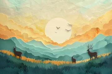 Plexiglas foto achterwand A tranquil sunset scene in paper art, showcasing silhouetted deer against a backdrop of layered mountains and flying birds.. © bajita111122