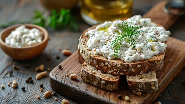 Buckwheat bread with creamy Tzatziki topped with fresh dill on a wooden board