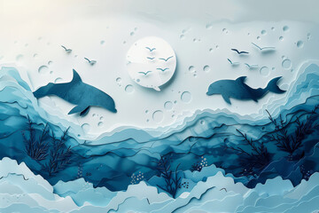 A tranquil ocean scene featuring a narwhal and fish among sea plants, all crafted from layered paper cutouts, in a stylized underwater setting..