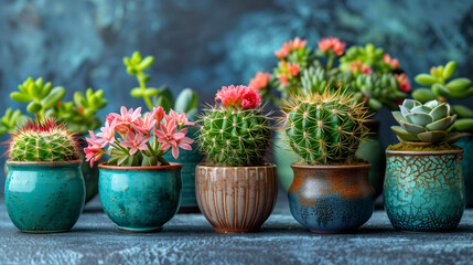 Fototapeta na wymiar Variety of cacti in pots on blue wooden background.