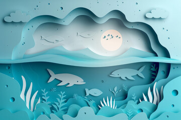 A tranquil ocean scene featuring a narwhal and fish among sea plants, all crafted from layered paper cutouts, in a stylized underwater setting..