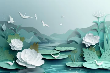 Foto op Canvas A peaceful paper-crafted lake scene with delicate lotus flowers blooming and graceful birds soaring above serene waters. © bajita111122