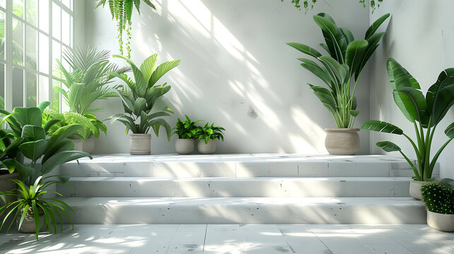 3d render of a white room with plants in pots on the stairs