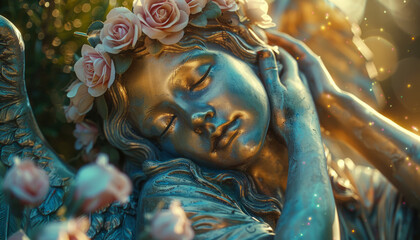 The sculpture of a holy statue of a girl sleeps in the heavenly divine garden, illuminated by the rays of God.. - obrazy, fototapety, plakaty