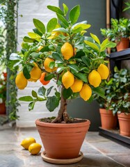 Fototapeta na wymiar A lemon Volcameriana tree, filled with ripe yellow orange fruits, is showcased in a potted citrus plant 
