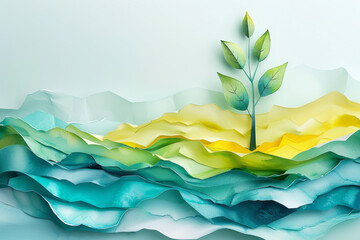 A single tree with green leaves rises from colorful abstract waves, representing growth and nature...