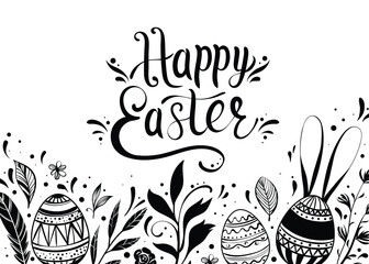 Happy Easter greeting card with hand-drawn floral elements and lettering - 762484123