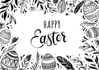 Happy Easter greeting card with hand-drawn floral elements and lettering - 762484140